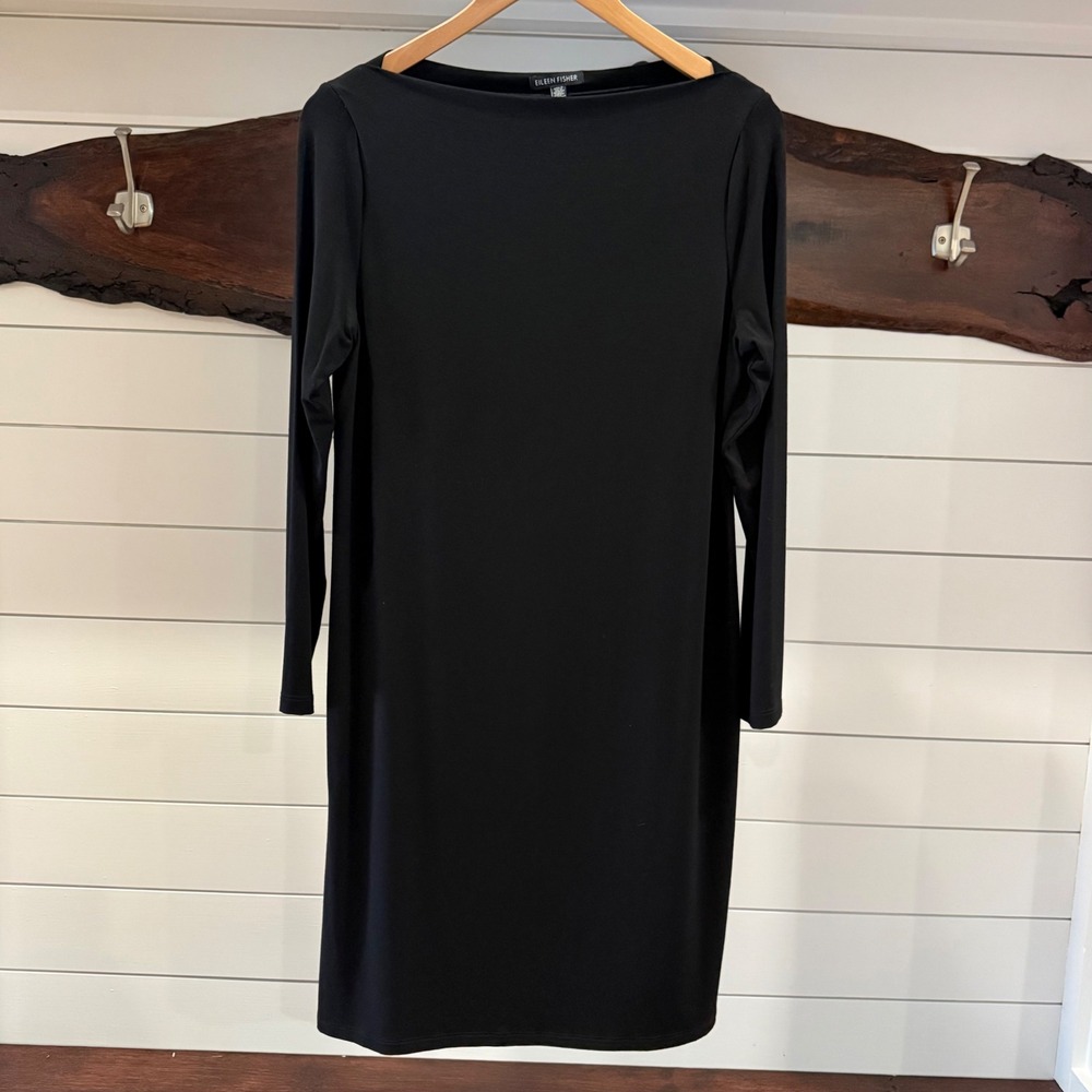 Eileen Fisher Black Bateau Neck Long Sleeve Jersey Shift Dress Medium Medium USA